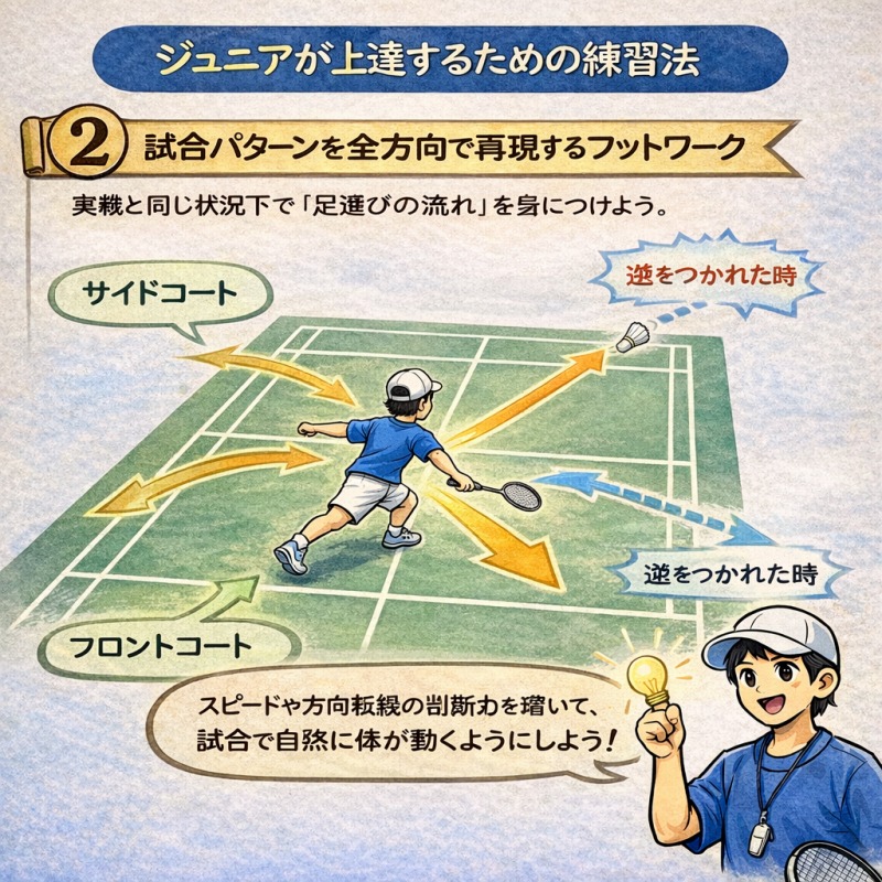 「試合で動けない…」 バドミントン ジュニア上達に役立つ小平ジュニアの練習方法 3 s ②図解